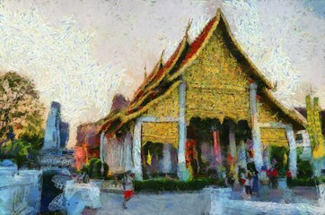 Ancient temples, art and architecture in the northern Thai style Illustrations creates an impressionist style of painting.