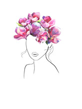 Woman With Bunch Of Flowers Of Magnolia. Trendy Poster