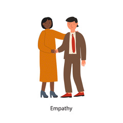 Soft skills concept with a businesswoman rendering emotional support to a colleague and text Empathy. Colored flat vector illustration. Isolated on white background.