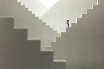surreal concept of a man rising stairs to try to reach the top