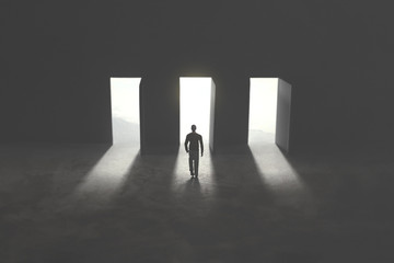 three options concept, man in front of three open doors