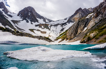 blue mountain lake. winter lake in the mountains. global warming. melting ice.