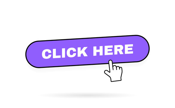 Click here geometric button label with hand pointer clicking. Modern vector illustration
