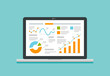 Laptop screen with data analysis graphs and charts. Business vector illustration