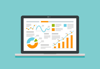 Laptop screen with data analysis graphs and charts. Business vector illustration
