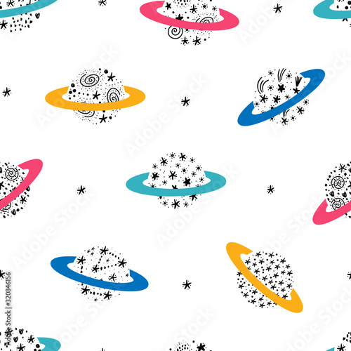 astronautyczny-bezszwowy-wektoru-wzor-z-doodle-saturn-planeta-i-gwiazdami-kreskowka-kolorowe-tlo-przestrzeni-z-streszczenie-fantastyczne