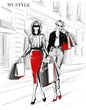 Hand drawn beautiful two young women with shopping bags. Fashion woman in red skirt. Women on street background. Black and white sketch. Fashion illustration.