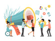 © Vectorwonderland - People with megaphone making announcement business promotion, advertising, call through the horn, online alerting vector illustration