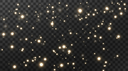 Sparkling magical dust. On a textural black background. Celebration abstract background made of golden glittering dust particles. Magical effect. Golden stars. Festive vector illustration.