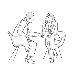 Poster - Couple sitting in armchairs. Man pointing at tablet. Line drawing vector illustration.