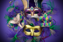 Mardi Gras, Venetian Or Carnivale Mask On A Purple Background. Top View