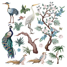 Herons, Peacock, Peonies And Bird In Chinoiserie Style Isolated. Vector.