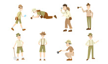 Set Of Different Cartoon Archaeologist Characters At Work. Vector Illustration In Flat Cartoon Style.