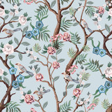 Seamless pattern in chinoiserie style with peonies trees and birds . Vector,