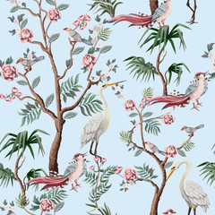  Seamless pattern in chinoiserie style with storks, birds and peonies. Vector,
