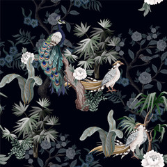 Fototapeta Seamless pattern in chinoiserie style with storks, birds and peonies. Vector,