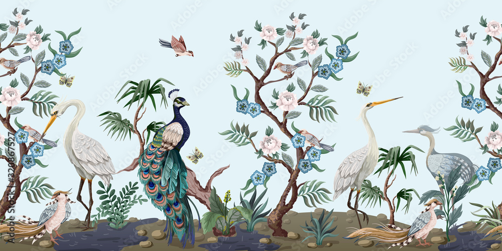 Border in chinoiserie style with herons, peacock and peonies. Vector. - obrazy, fototapety, plakaty 