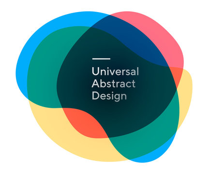 Usable bright blobby objects. Universal curvy figures, flowy lines, wavy shapes. Blue, yellow and pink backdrop with text. Layout for promo flyer, website or poster Vector illustration.