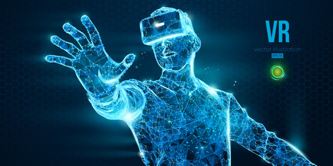 Wall Mural - vr headset holographic low poly wireframe vector banner. polygonal man wearing virtual reality glass