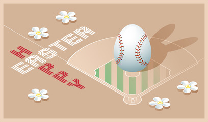 Poster - Happy Easter greeting card. Isometric illustration with 3D Easter egg as a baseball ball and baseball field. Vector illustration.