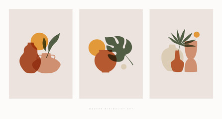 Fototapete - Set of compositions with exotic palm leaves and abstract vases. Trendy collage for design in an ecological style. Minimalist shapes in pastel colors on a light isolated background.