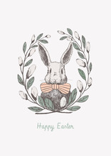 Cute White Rabbit In A Frame Of Willow Twigs. Vector Spring Holiday Greeting Poster Design Element. Vintage Illustration Of A Funny Hare. Cozy Design Of An Easter Card.