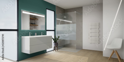 Fotografía vue 3d salle de bain avec douche à l'italienne, double vasque suspendu 02