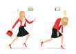businesswomanSet of powerful businesswoman with green full energy battery sign and tired exhausted female with red low charged, flat styli icon, vector illustration.