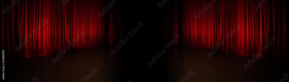 background with red curtain panorama - obrazy, fototapety, plakaty 