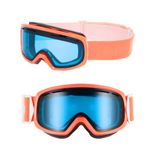Snow Goggles Isolated On White Background. Side And Front View Of Orange And Blue Ski Glasses. Skiing Snowboard Goggles. Modern Sports Unisex Eyewear. Snowboarding Protective Gear