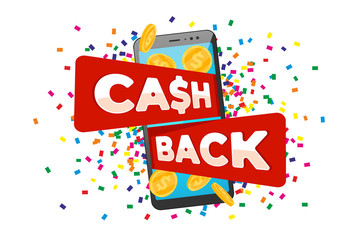 Cashback loyalty program concept. Smartphone with returned gold coins on screen and cash back iscription. Refund money service design. Mobile banking bonus transaction symbol vector illustration