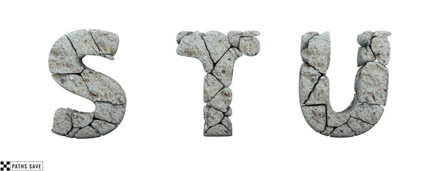 Wall Mural - Stone letters S, T, U. 3d render. Rock alphabet. Path save.