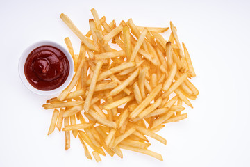  french fries with sauce on a light background for the restaurant menu