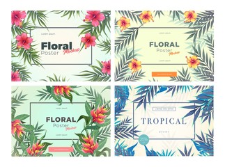 Set of Bright tropical backgrounds with jungle plants. Exotic patterns with tropical leaves