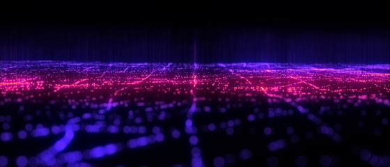 Poster - abstract cg polygonal grid blue and violet neon triangles. geometric light motion background. lowpol