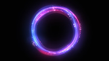 Neon Circle. Round Frame Background. Multiple Lines Swirls. Blue And Pink Color. Glowing Ring. Isolated On Black.