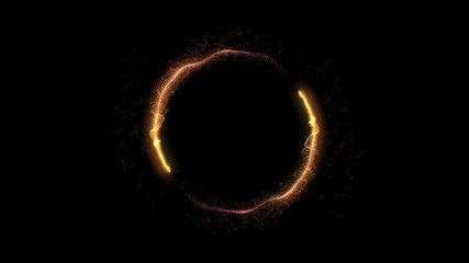 Poster - Neon circle. Round frame background. Multiple sparkle swirls. Gold color. Glowing ring. Isolated on black.