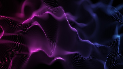 Fototapete - Bright wavy background. Glowing dots and lines. Neon light. Wave element for design. Smooth particle waves. Dynamic techno wallpaper. Blue and violet