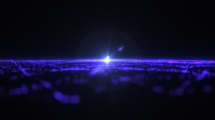 Fototapete - Bright wavy background. Glowing dots and lines. Neon light. Wave element for design. Smooth particle waves. Dynamic techno wallpaper. Blue and violet
