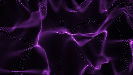 Poster - Bright wavy background. Glowing dots and lines. Neon light. Wave element for design. Smooth particle waves. Dynamic techno wallpaper. Violet