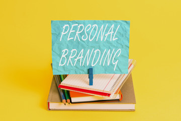 Poster - Word writing text Personal Branding. Business photo showcasing process of creating a recognizable professional name Book pencil rectangle shaped reminder notebook clothespin office supplies