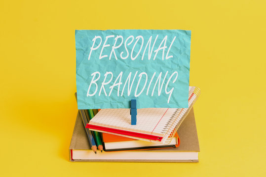 Word writing text Personal Branding. Business photo showcasing process of creating a recognizable professional name Book pencil rectangle shaped reminder notebook clothespin office supplies