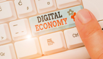 Poster - Writing note showing Digital Economy. Business concept for economic activities that are based on digital technologies