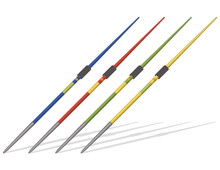 Set Of Four Javelin Spears Blue, Red, Green And Yellow Angled And Isolated On A White Background