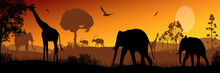 African Safari Animal Silhouette Landscape Scene