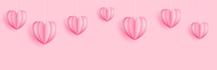 Wall Mural - Pink hearts paper craft cut out seamless background banner