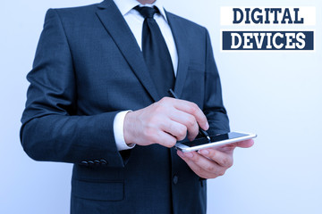 Poster - Conceptual hand writing showing Digital Devices. Concept meaning physical unit of equipment that contains a microcontroller Male human wear formal work suit hold smartphone using hand