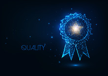 Futuristic Best Quality Award Badge Concept With Glowing Low Polygonal Winner Medal And Golden Star