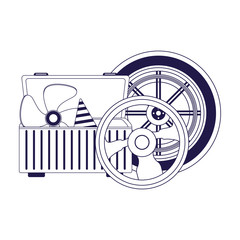 Sticker - tools box with steering wheel and car tire, flat design