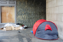 A Tent And Possessions Belonging To A Homeless Person In A Corner In London, UK